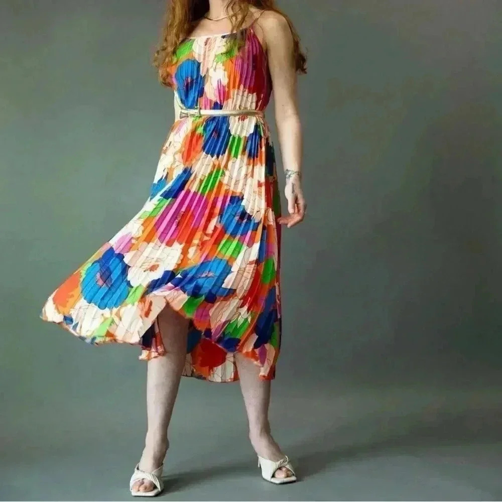 NWT Sam Edelman Pleated Floral Midi Dress Resort Vacation Colorful Sundress M - Picture 5 of 12
